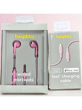 Heyday Wired Earbuds & 3 Ft Lightning To USB-C Fast Charging Cable Pink New In B